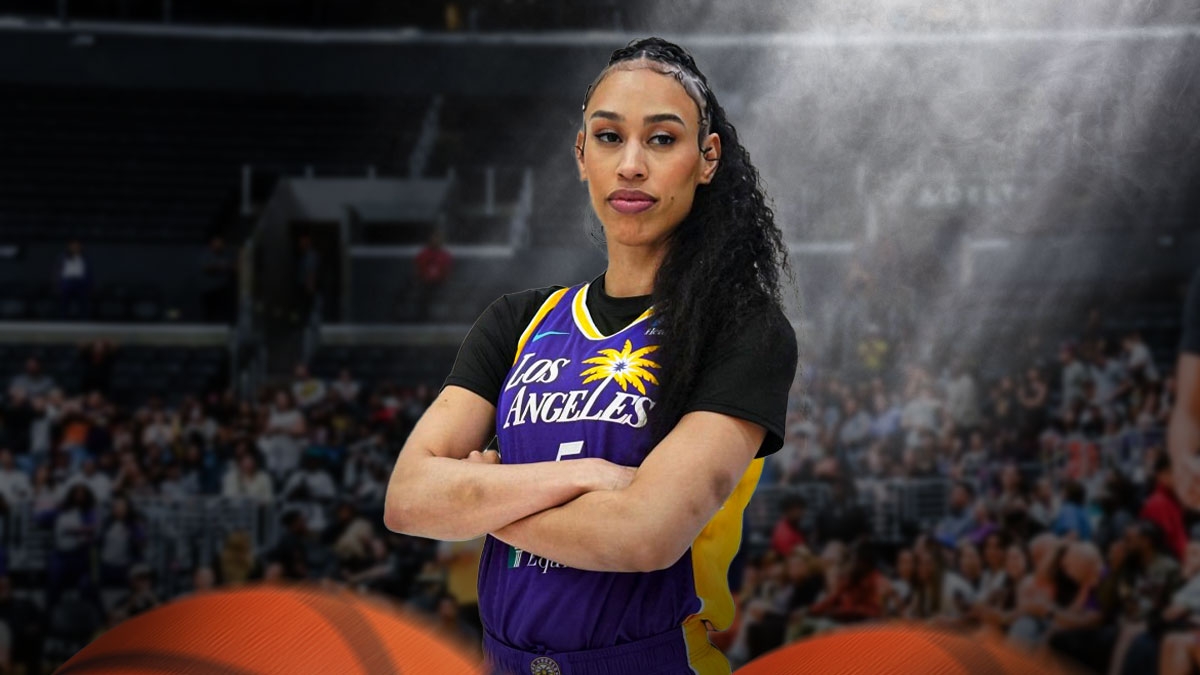 LA Sparks player Dearica Hamby with the LA Sparks arena in the background, Sun