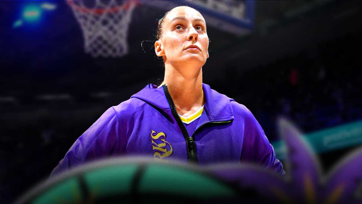 LA Sparks player Stephanie Talbot with the LA Sparks arena in the background, WNBA season