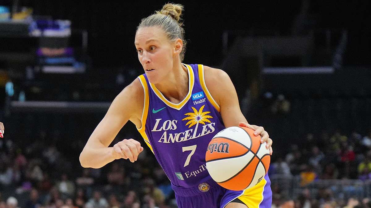 LA Sparks forward Stephanie Talbot (7) dribbles the ball against the Washington Mystics in the first half at Crypto.com Arena.