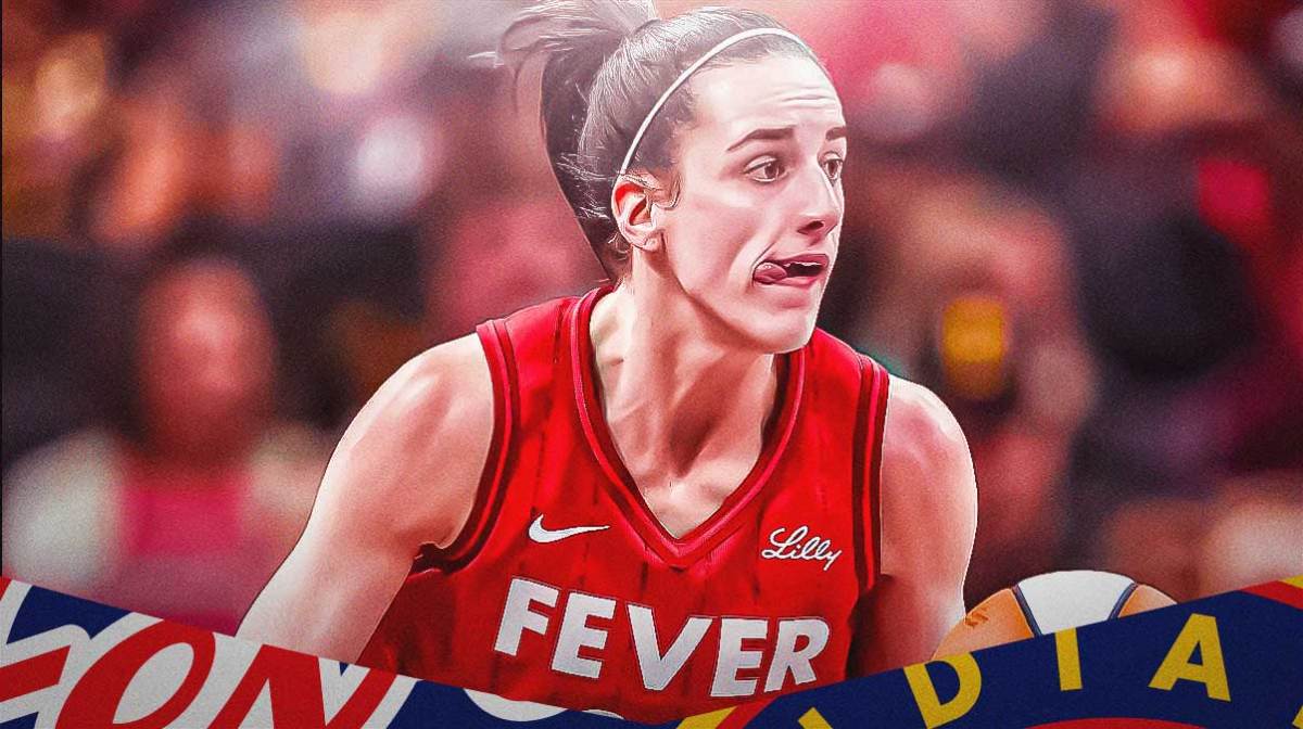 Indiana Fever player Caitlin Clark with the Indiana Fever arena in the background, technical foul suspension