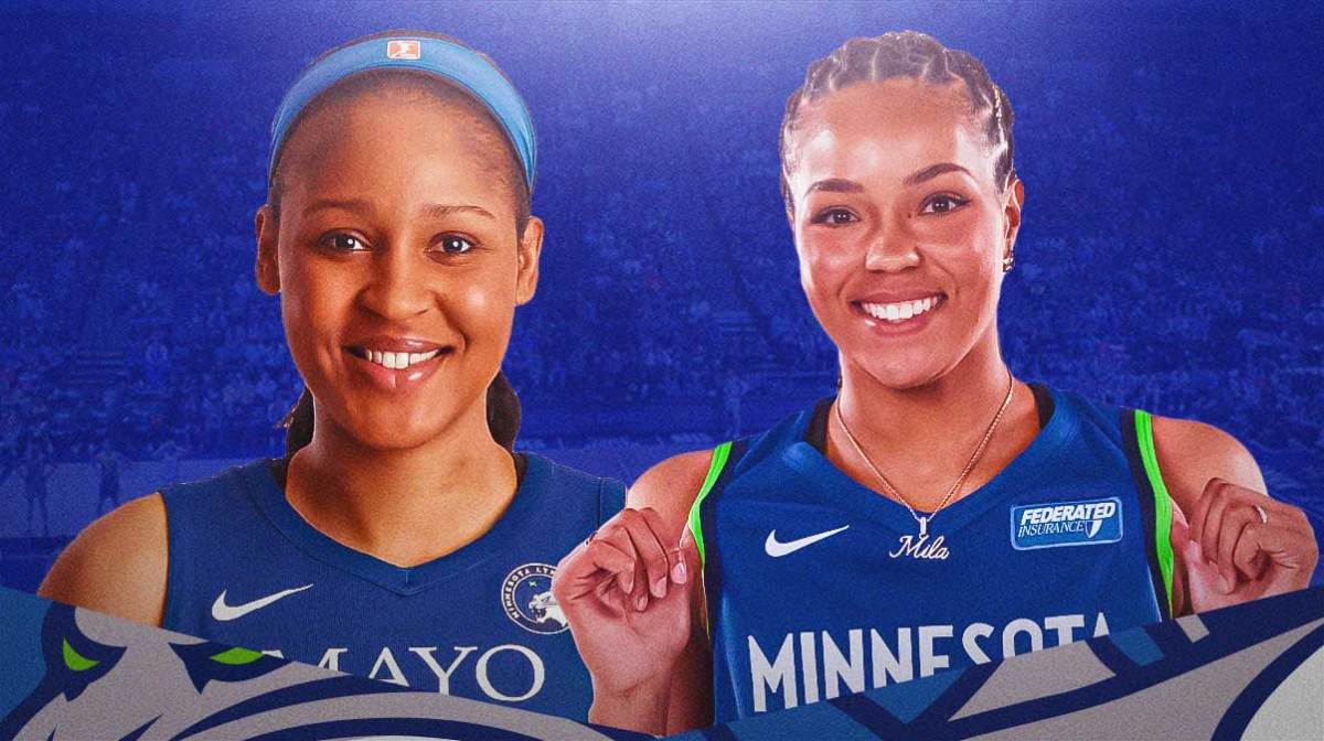 Minnesota Lynx player Napheesa Collier alongside Minnesota Lynx player Maya Moore. Have the Lynx arena in the background, WNBA playoff history