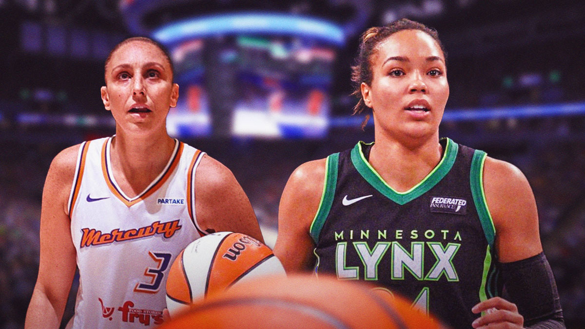 Minnesota Lynx player Napheesa Collier alongside Phoenix Mercury player Diana Taurasi. Have the Lynx arena in the background, retirement