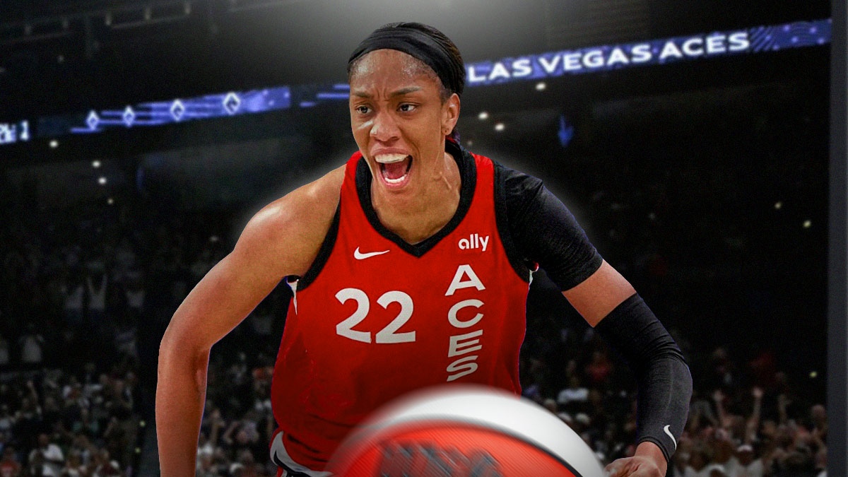 Las Vegas Aces player A’ja Wilson with the Aces arena in the background, WNBA MVP