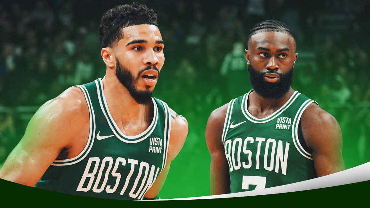 Boston Celtics players Jayson Tatum and Jaylen Brown with the Celtics arena in the background, season bold predictions