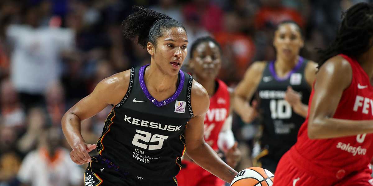 Connecticut Sun forward Alyssa Thomas (25) dribbles the ball during the second half against the Indiana Fever during game two of the first round of the 2024 WNBA Playoffs at Mohegan Sun Arena.