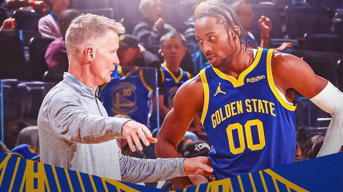Golden State Warriors player Jonathan Kuminga alongside Warriors head coach Steve Kerr. Have the Warriors arena in the background, contract extension