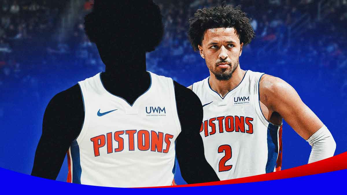 A shadowy player in a Detroit Pistons jersey alongside Detroit Pistons player Cade Cunningham. Have the Pistons arena in the background, roster contract