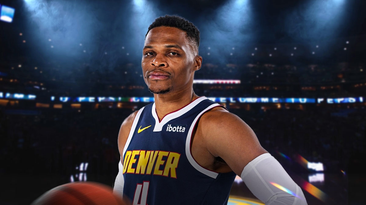 Russell Westbrook in a Denver Nuggets jersey with the Nuggets arena in the background