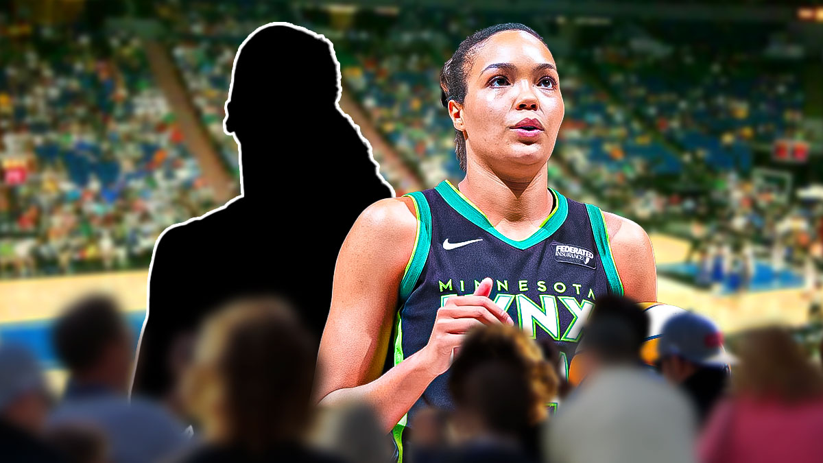 A shadowy player in a Minnesota Lynx jersey alongside Lynx player Napheesa Collier with the Lynx arena in the background, Cecilia Zandalasini injury