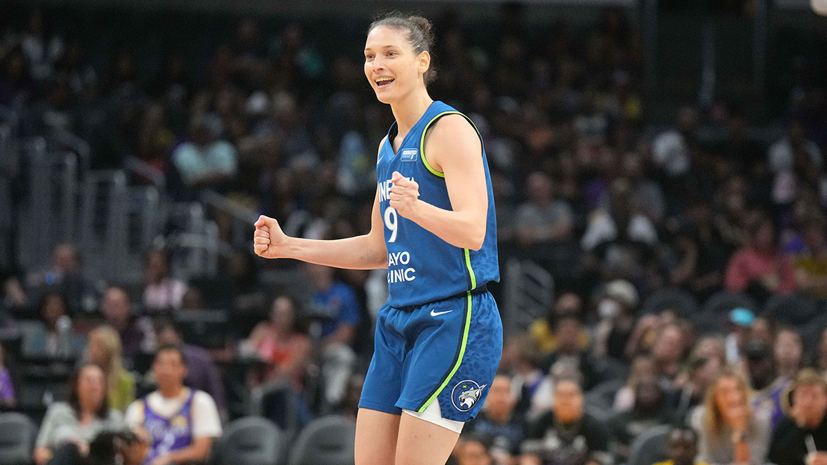 Minnesota Lynx forward Cecilia Zandalasini (9) celebrates against the LA Sparks in the first half at Crypto.com Arena.
