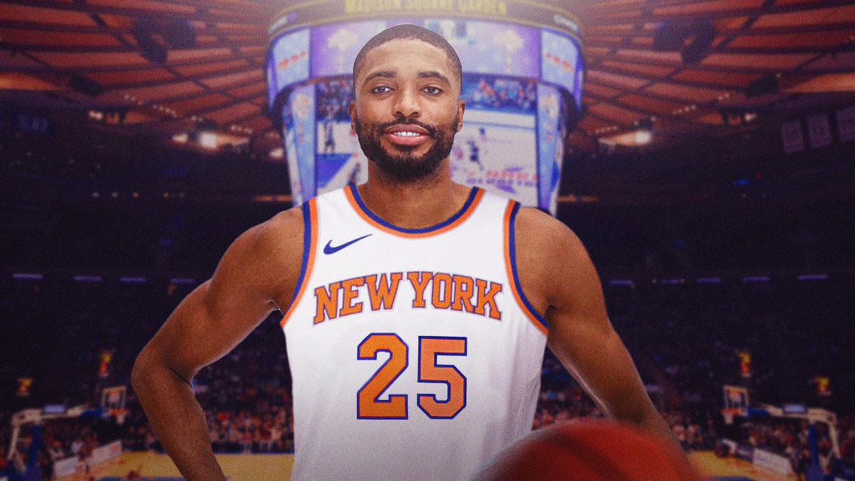 Mikal Bridges in a New York Knicks jersey with the Knicks arena in the background, contract extension