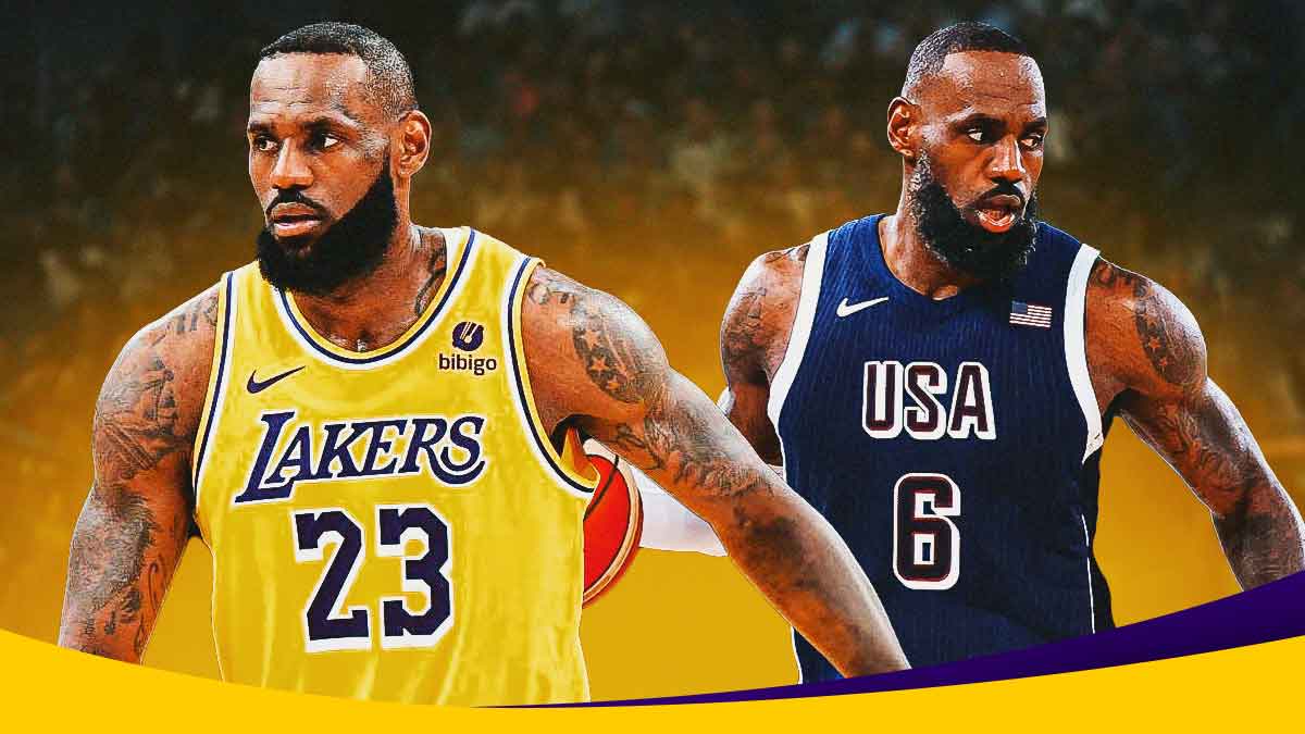 A double image of LeBron James, one of him in his LA Lakers jersey and the other of him in his Team USA basketball jersey