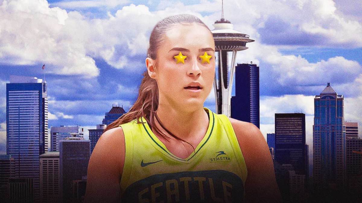 WNBA Seattle Storm player Nika Mühl in a Storm jersey with stars in her eyes and the city of Seattle, Washington, U.S.A., as the background