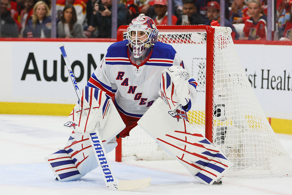 New York Rangers goaltender Igor Shesterkin (31) tends the net against the Florida Panthers during the first period in game three of the Eastern Conference Final of the 2024 Stanley Cup Playoffs at Amerant Bank Arena.