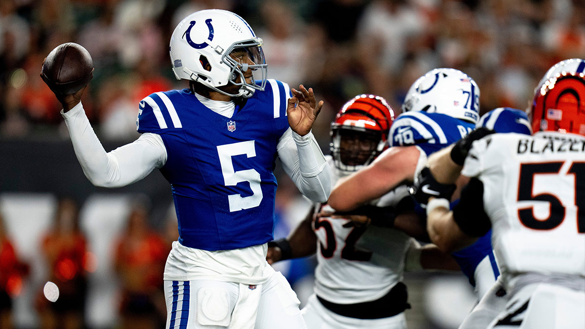 Indianapolis Colts quarterback Anthony Richardson (5) throws a pass in the second quarter of the NFL preseason game between the Cincinnati Bengals and the Indianapolis Colts at Paycor Stadium in Cincinnati on Thursday, Aug. 22, 2024.