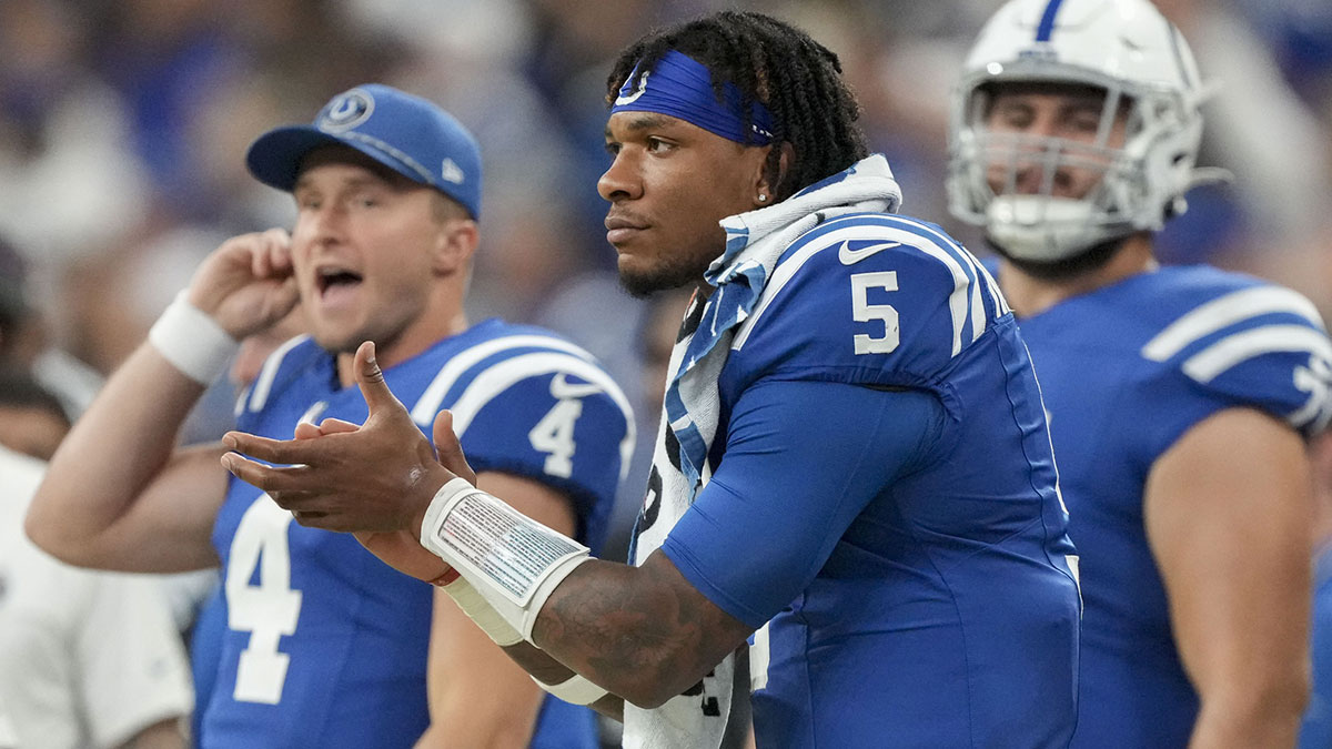 Indianapolis Colts quarterback Anthony Richardson (5) watches the action on the field from the sideline Sunday, Sept. 29, 2024, during a game against the Pittsburgh Steelers at Lucas Oil Stadium in Indianapolis.
