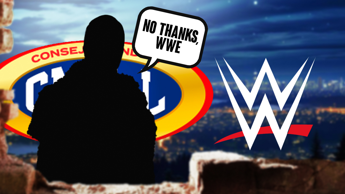 The blacked-out silhouette of El Soberano Jr with a text bubble reading "No thanks, WWE" next to the WWE logo with the CMLL logo as the background.