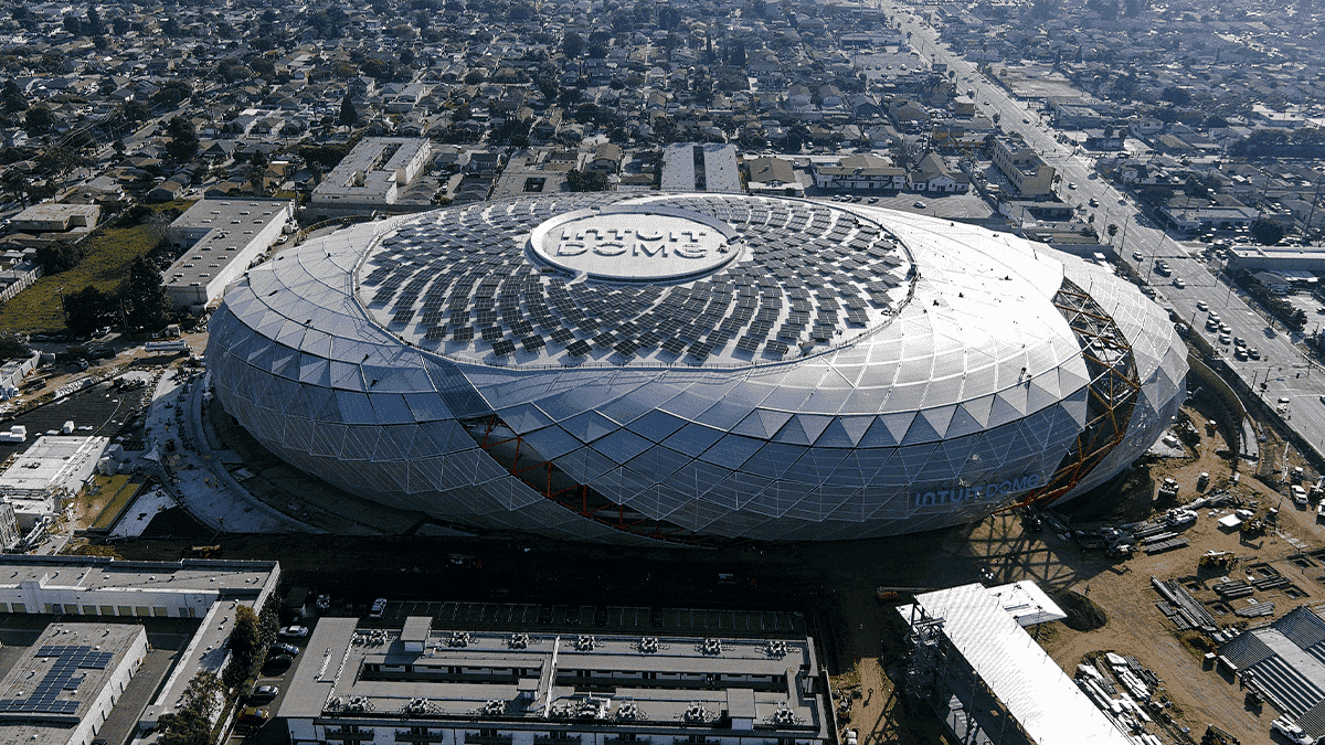 A general aerial view of the Intuit Dome construction site.