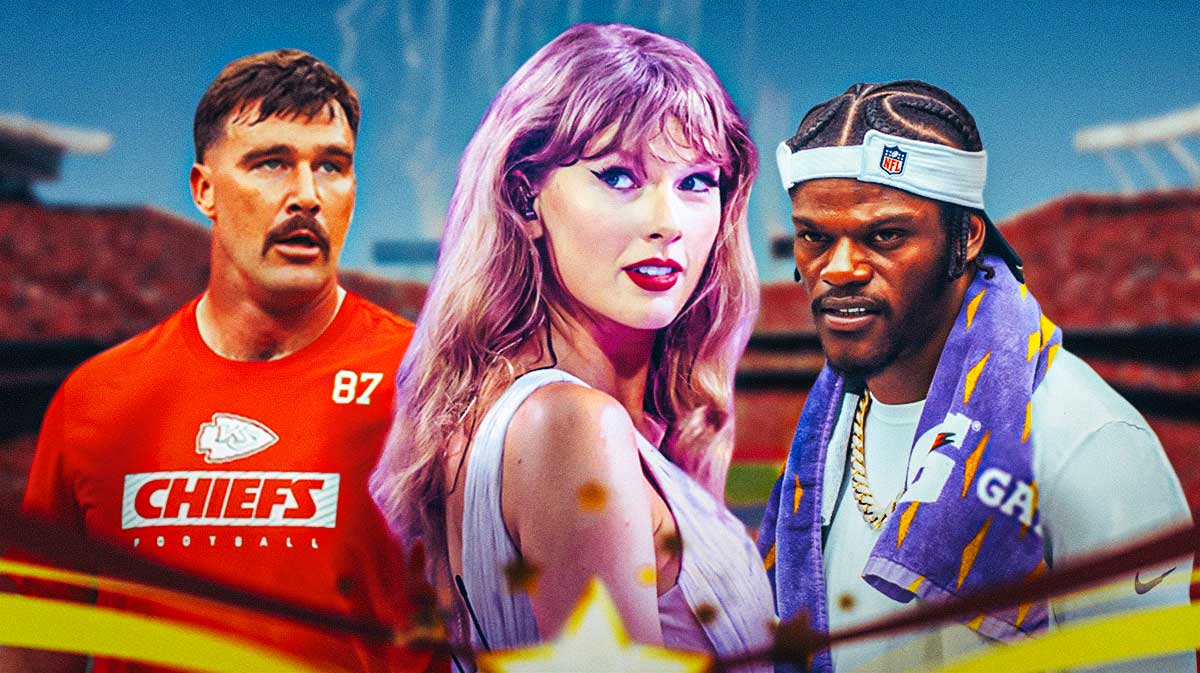 NFL star Kansas City Chiefs tight end Travis Kelce, Taylor Swift, and Baltimore Ravens quarterback Lamar Jackson with GEHA Field at Arrowhead Stadium background.