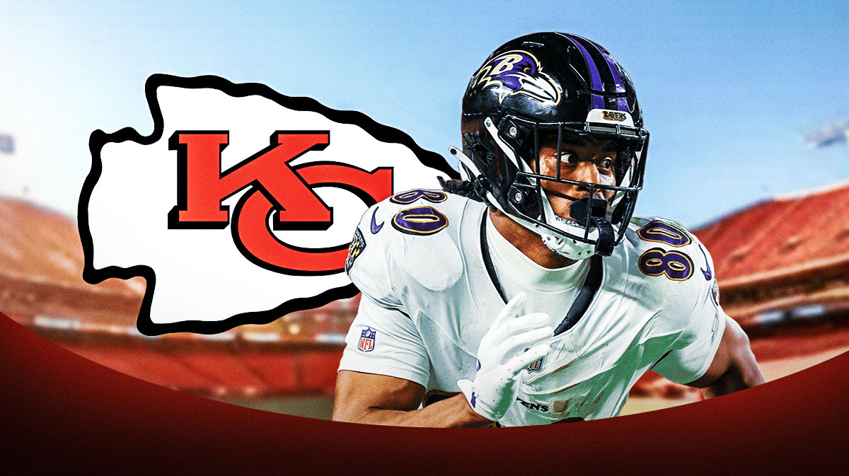 Kansas City Chiefs logo and Baltimore Ravens player Isaiah Likely