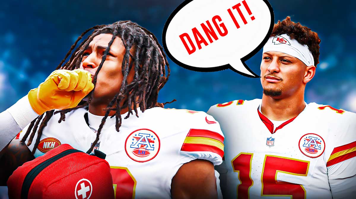 Isiah Pacheco on one side with an injury kit in front of him, Patrick Mahomes on the other side with a speech bubble that says "Dang it!"