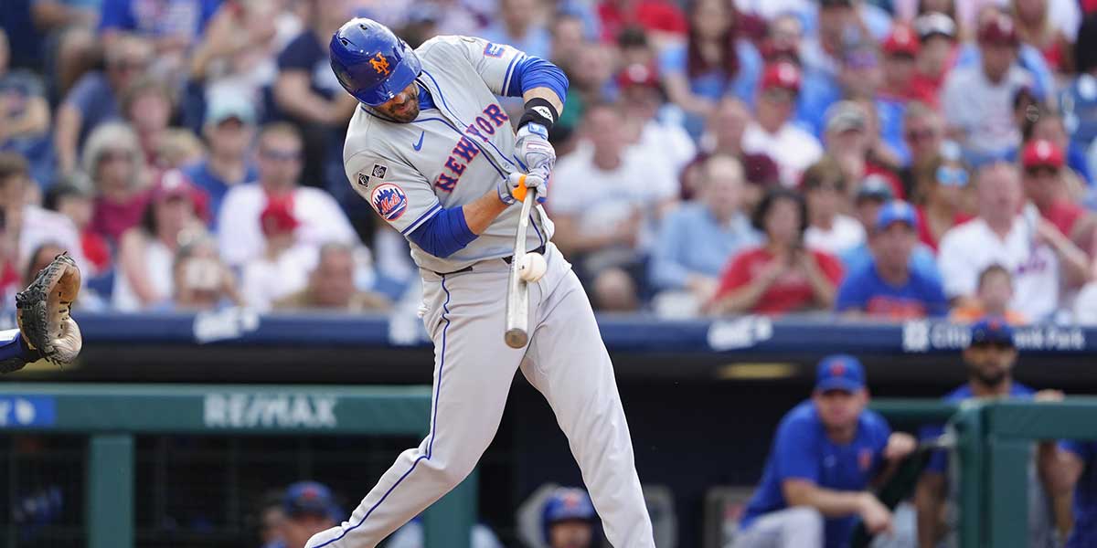 New York Mets designated hitter JD Martinez (28) hits a fly ball against the Philadelphia Phillies during the third inning at Citizens Bank Park.