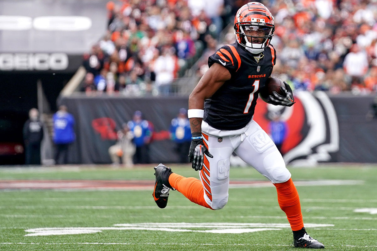 Cincinnati Bengals wide receiver Ja'Marr Chase (1) turns downfield after completing a catch in the first quarter during an NFL football game between the Seattle Seahawks and the Cincinnati Bengals Sunday, Oct. 15, 2023, at Paycor Stadium in Cincinnati.