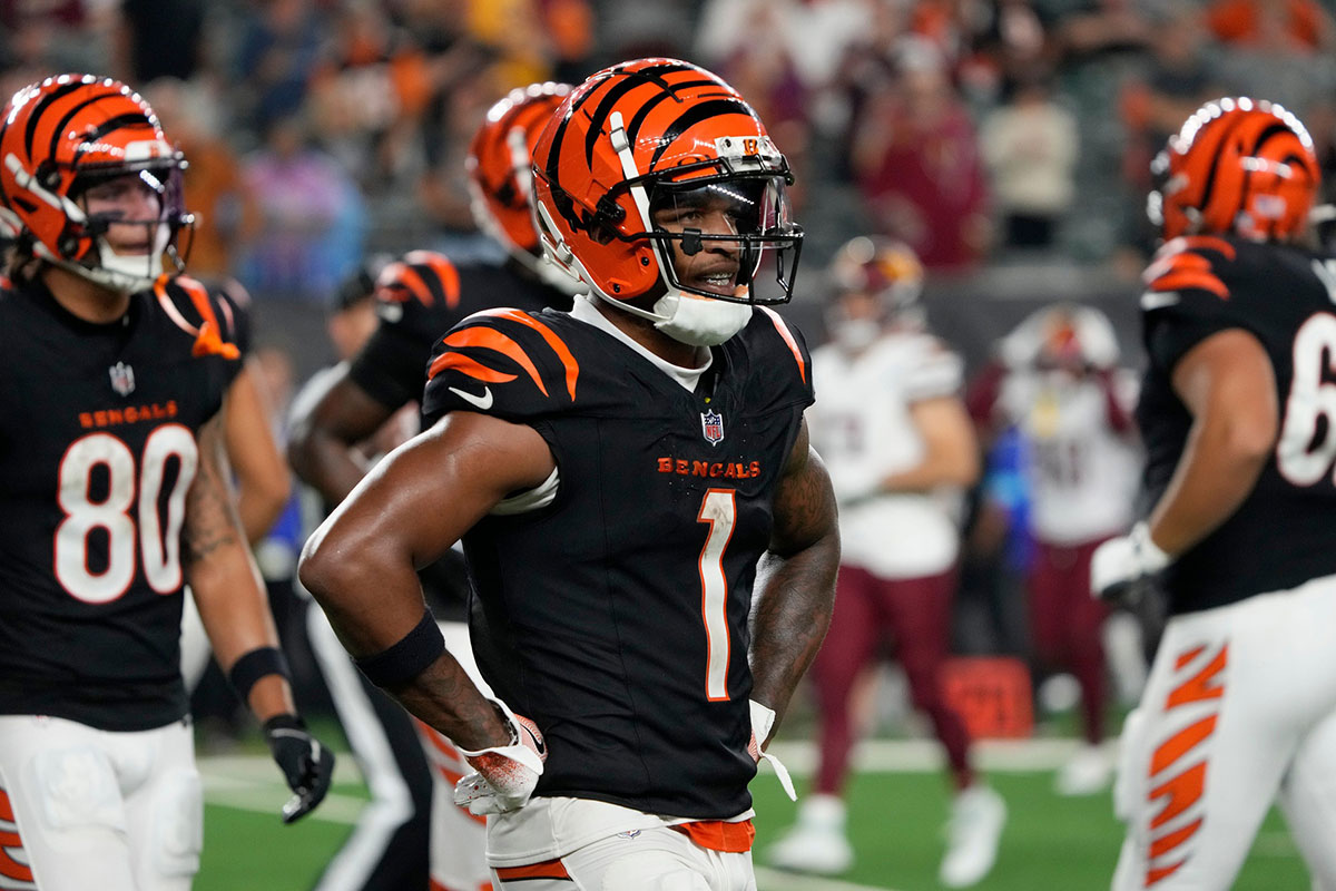 Cincinnati Bengals wide receiver Ja'Marr Chase (1) walks toward the sideline as the Bengals lose to the Washington Commanders during Monday Night Football.