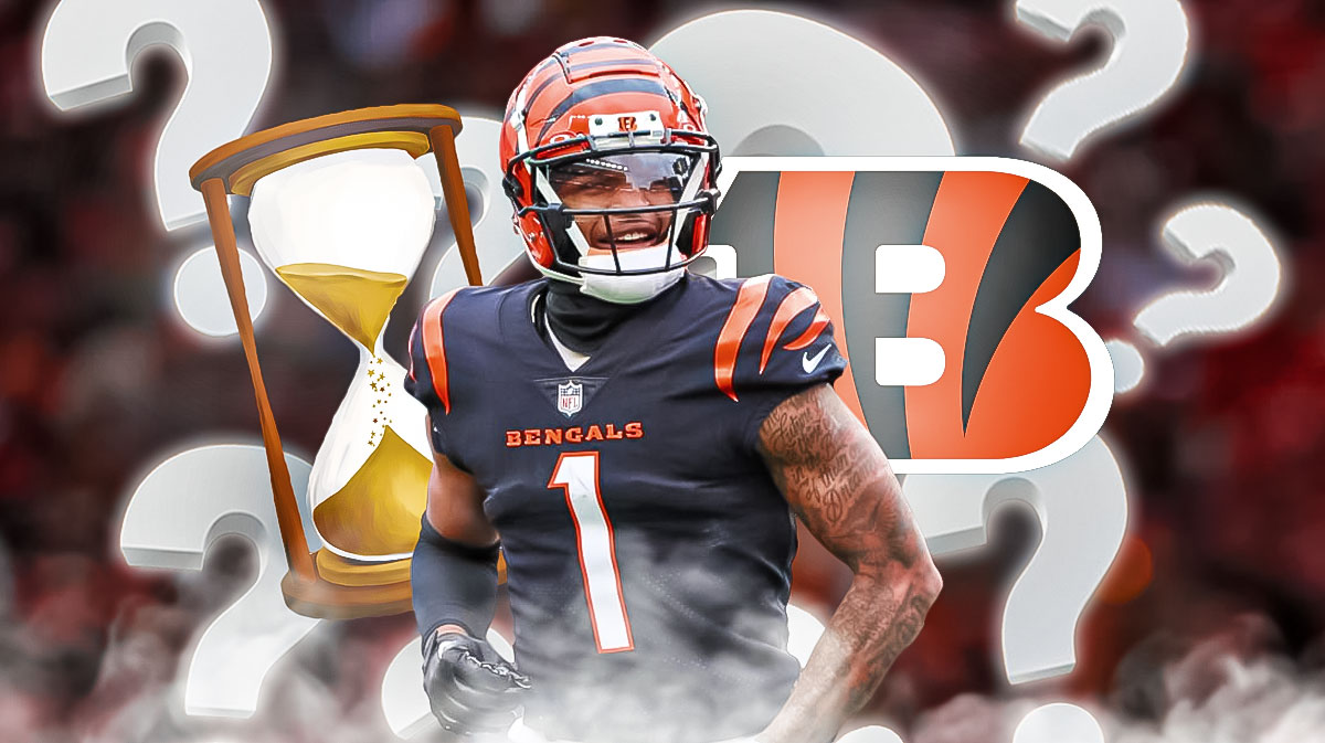 Bengals WR Ja'Marr Chase next to a big hourglass and question mark emojis around him with the Bengals logo