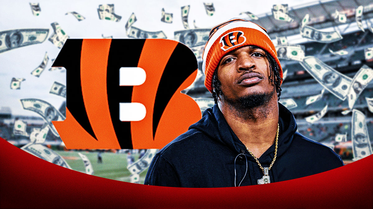 Bengals Ja'Marr Chase looking mad/angry with money all around the image. Include a Bengals logo in the image.
