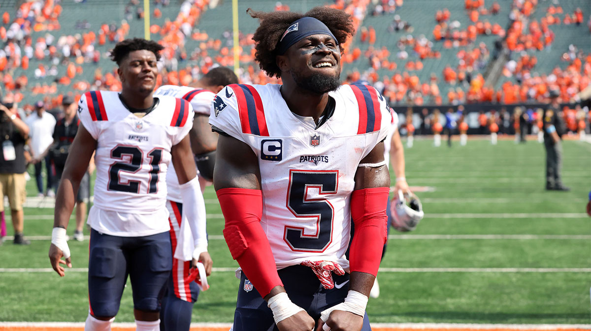 New England Patriots safety Jabrill Peppers (5) celebrates following the win over the Cincinnati Bengals at Paycor Stadium.