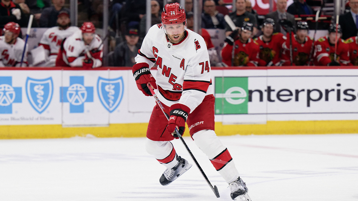 Carolina Hurricanes defenseman Jaccob Slavin (74) skates against the Chicago Blackhawks at United Center.