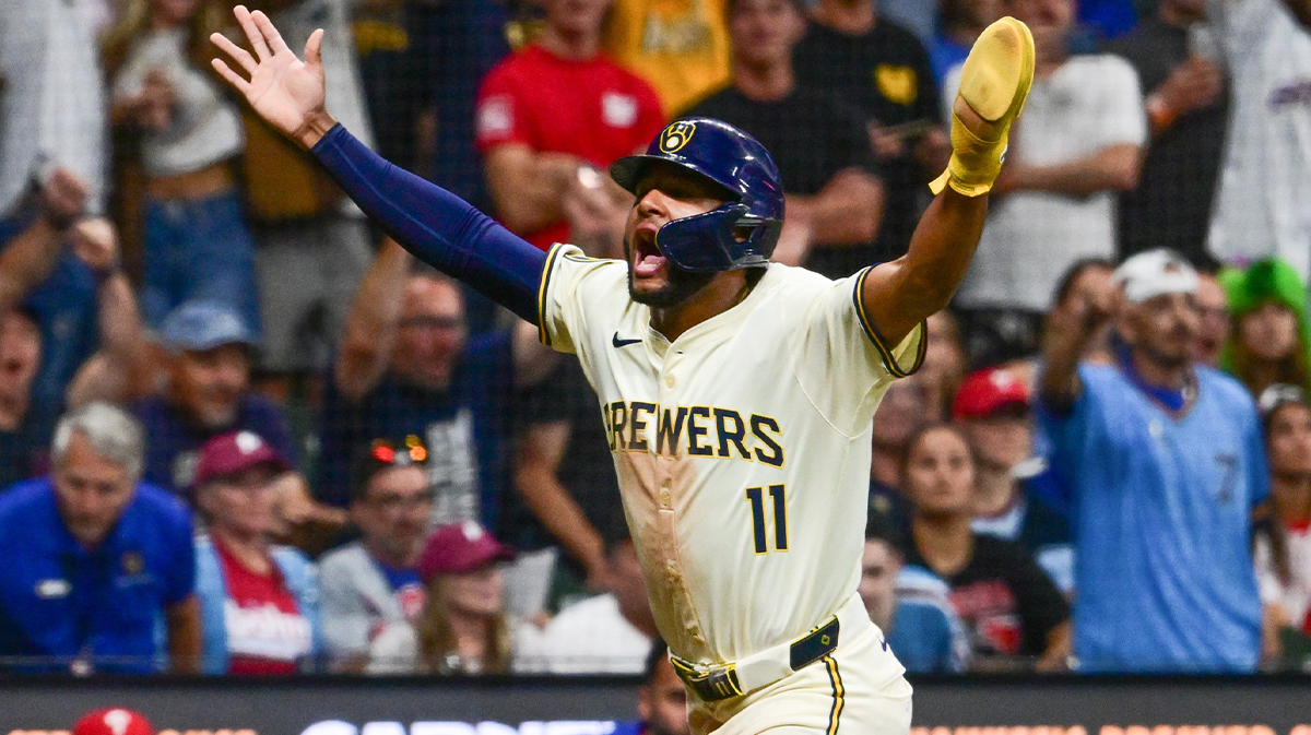 Milwaukee Brewers left fielder Jackson Chourio (11) reacts after scoring the winning run in the ninth inning against the Philadelphia Phillies at American Family Field.