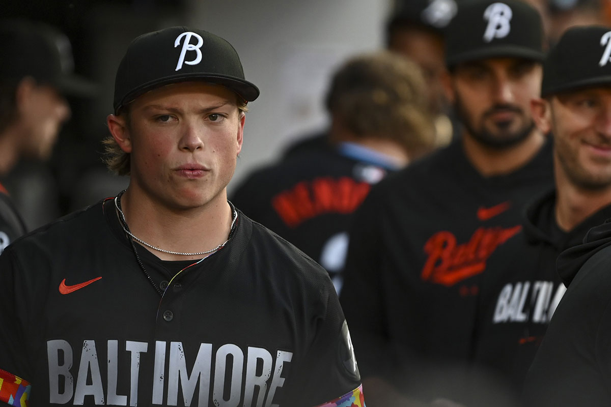 Baltimore Orioles second baseman Jackson Holliday (7) walks through the dugout before the game against the Houston Astros at Oriole Park at Camden Yards.