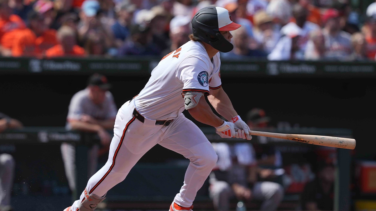 Baltimore Orioles second baseman Jackson Holliday (7) drives in two runs on his fourth inning double against the San Francisco Giants at Oriole Park at Camden Yards. The Orioles are bound for the MLB Playoffs for the second straight season.