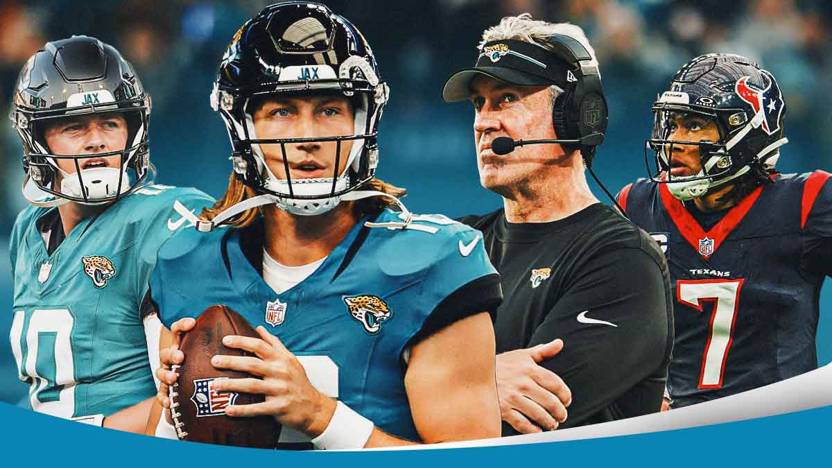 Mac Jones, Trevor Lawrence, Doug Pederson, and CJ Stroud in front of the Jaguars stadium