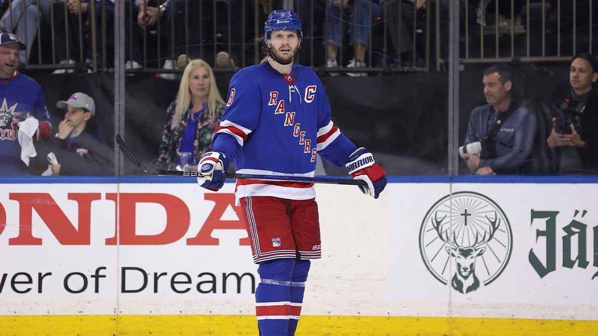 New York Rangers defenseman Jacob Trouba (8) reacts during the third period of game five of the second round of the 2024 Stanley Cup Playoffs against the Carolina Hurricanes at Madison Square Garden. 