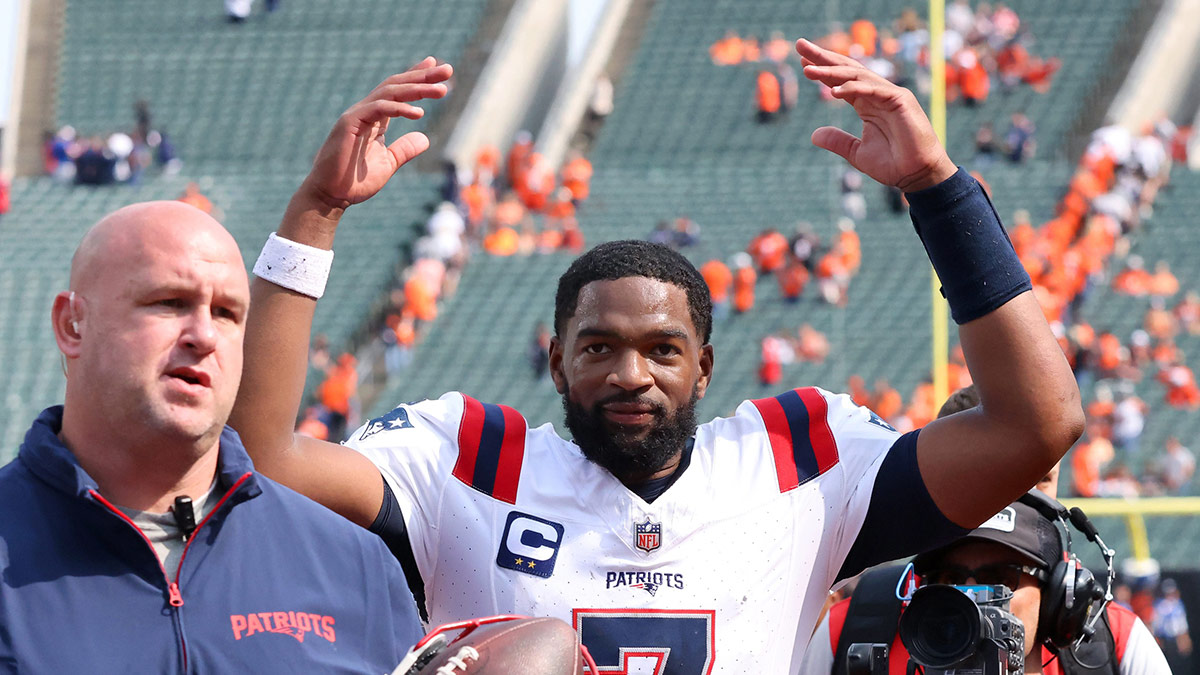 New England Patriots quarterback Jacoby Brissett celebrates following the win over the Cincinnati Bengals at Paycor Stadium.