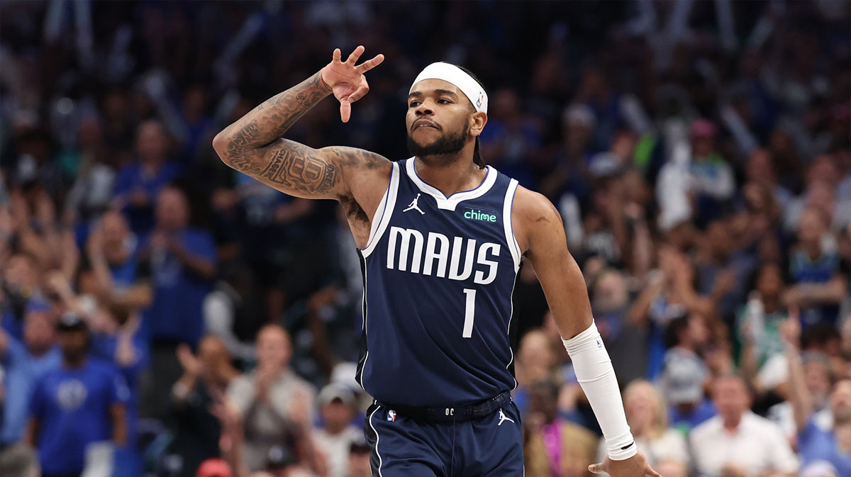 Dallas Mavericks guard Jaden Hardy (1) gestures against the Minnesota Timberwolves during the fourth quarter of game four of the western conference finals for the 2024 NBA playoffs at American Airlines Center.