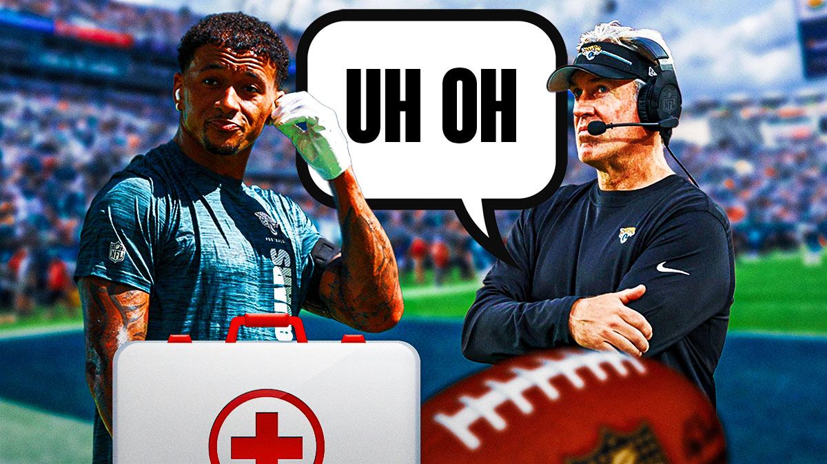 Jacksonville Jaguars star Evan Engram on one side with an injury kit in front of him, Doug Pederson on the other side with a speech bubble that says "Uh oh" in front of M&T Bank Stadium.