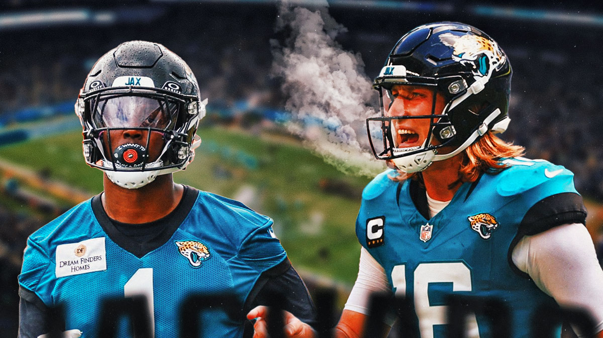 Trevor Lawrence with steam coming out of his nose next to Travis Etienne featuring a Jaguars-themed bg.