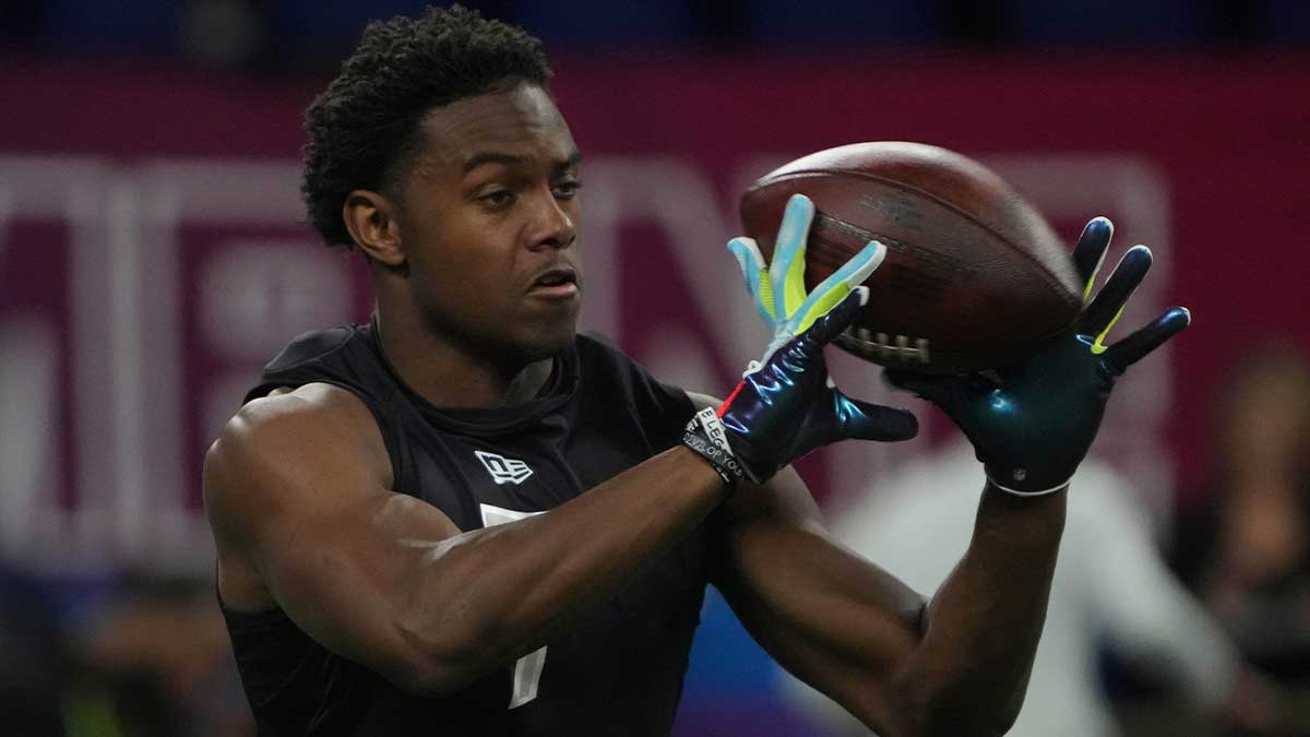Penn State wide receiver Jahan Dotson (WO07) goes through drills during the 2022 NFL Scouting Combine at Lucas Oil Stadium.