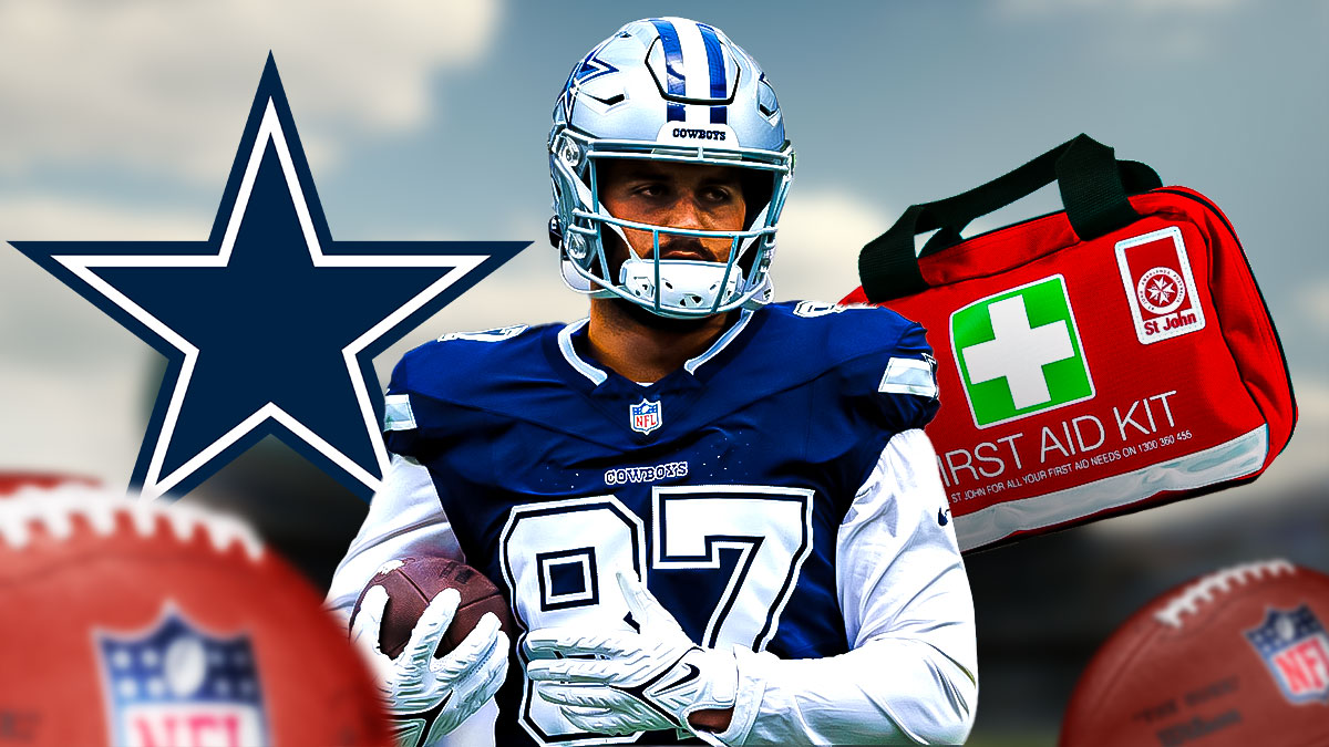 Cowboys' Jake Ferguson with a first aid kit next to a Cowboys logo