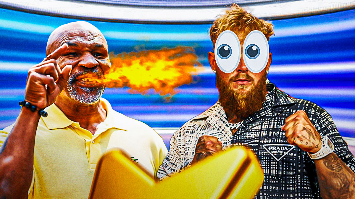 Mike Tyson breathing fire at Jake Paul. Have Paul's eyes popping out like cartoon eyes.