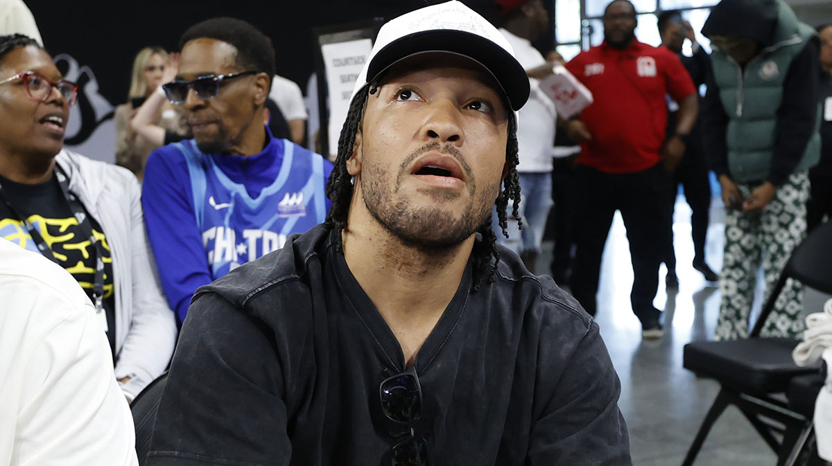 New York Knicks guard Jalen Brunson attends a basketball game between the Chicago Sky and Indiana Fever at Wintrust Arena.
