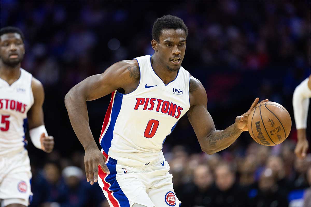 Detroit Pistons center Jalen Duren (0) dribbles the ball against the Philadelphia 76ers during the third quarter at Wells Fargo Center.