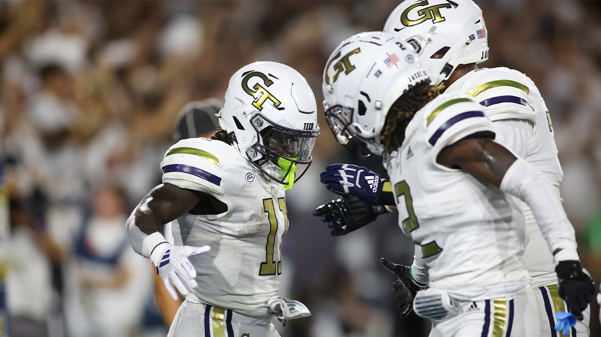 Georgia Tech Yellow Jackets running back Jamal Haynes (11) celebrates with teammates after a touchdown run against Georgia State Panthers in the first quarter at Bobby Dodd Stadium at Hyundai Field