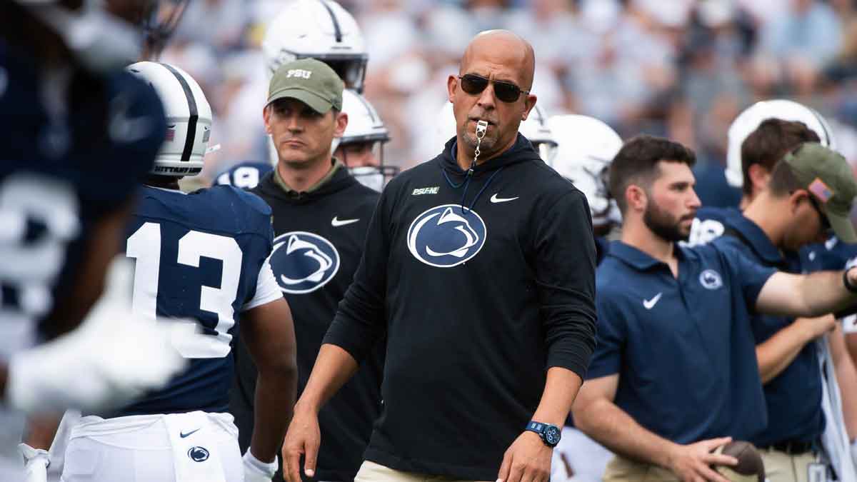Penn State head football coach James Franklin blows his whistle during pre-game warmups before an NCAA football game against Kent State