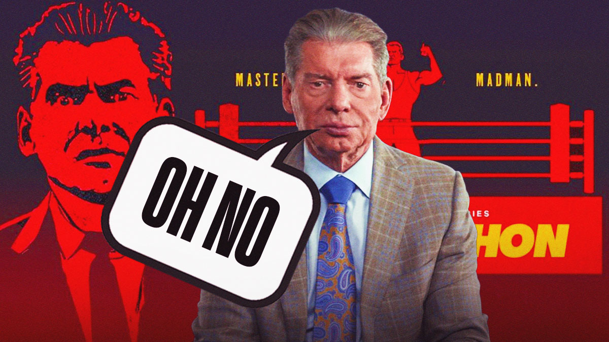 Vince McMahon with a text bubble reading "Oh no" with the Mr. McMahon Netflix graphic as the background.