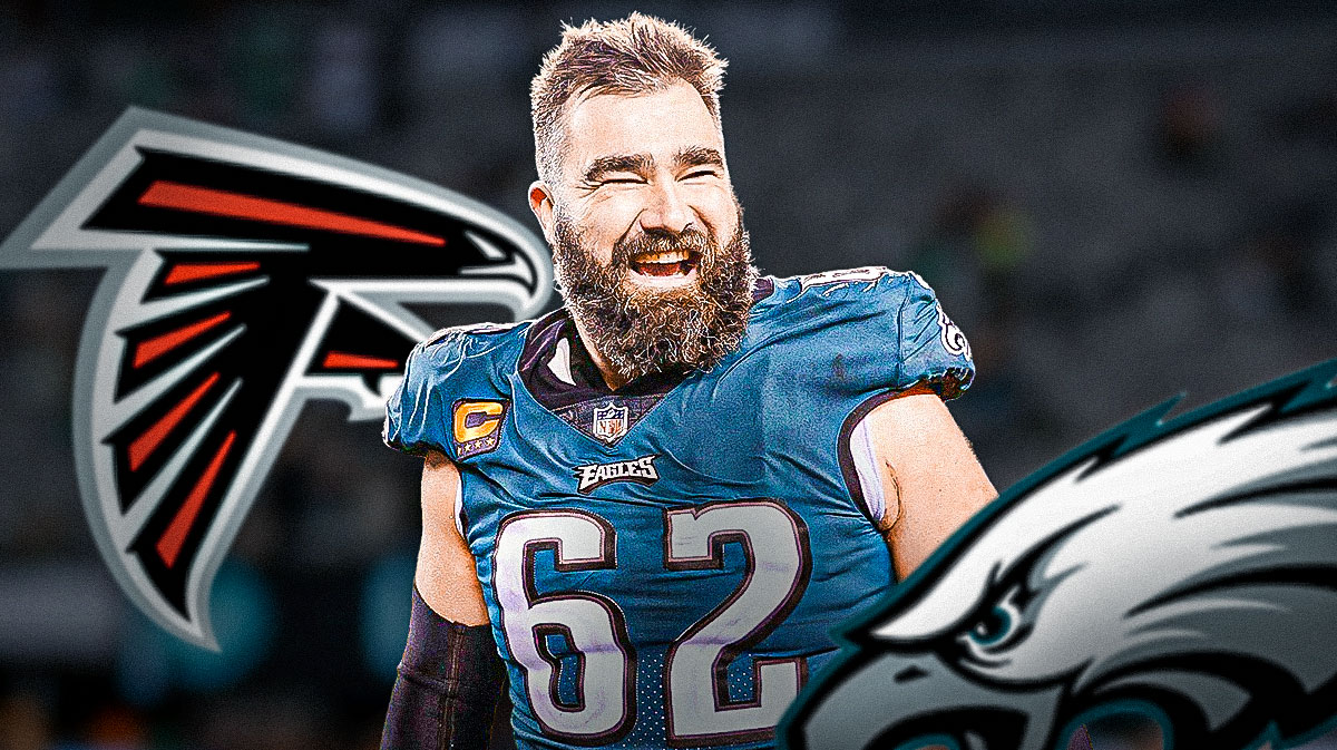 Eagles' Jason Kelce next to Falcons logo